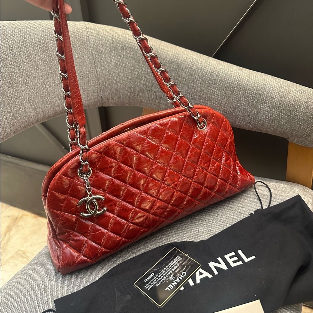 CHANEL Red Quilted Shoulder Mademoiselle Calfskin Leather Bag